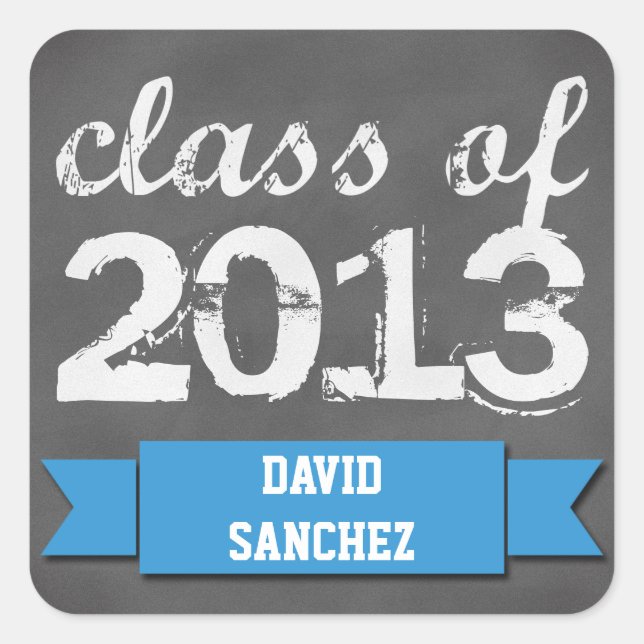 Blue banner ribbon chalkboard graduation class of square sticker (Front)