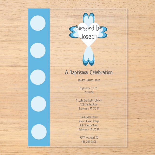 Blue Baptism Acrylic Invitation for Boys (Front)