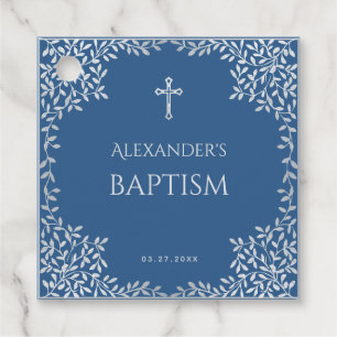 Blue Baptism Boy Faux Silver Leaves Cross Elegant Favor Tags