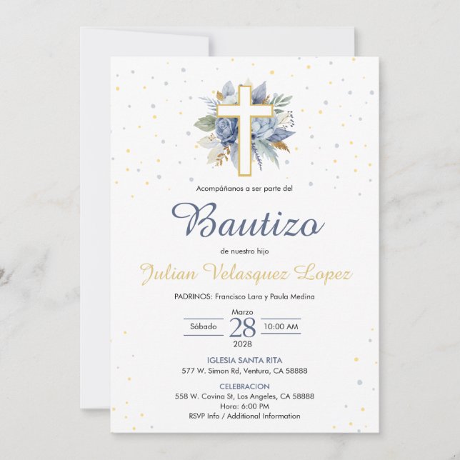 Blue Baptism Boys Cross Flowers Spanish Bautizo Invitation (Front)