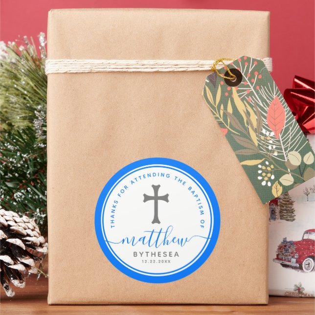 Blue Baptism Christening Naming Cross Classic Round Sticker (Holiday)
