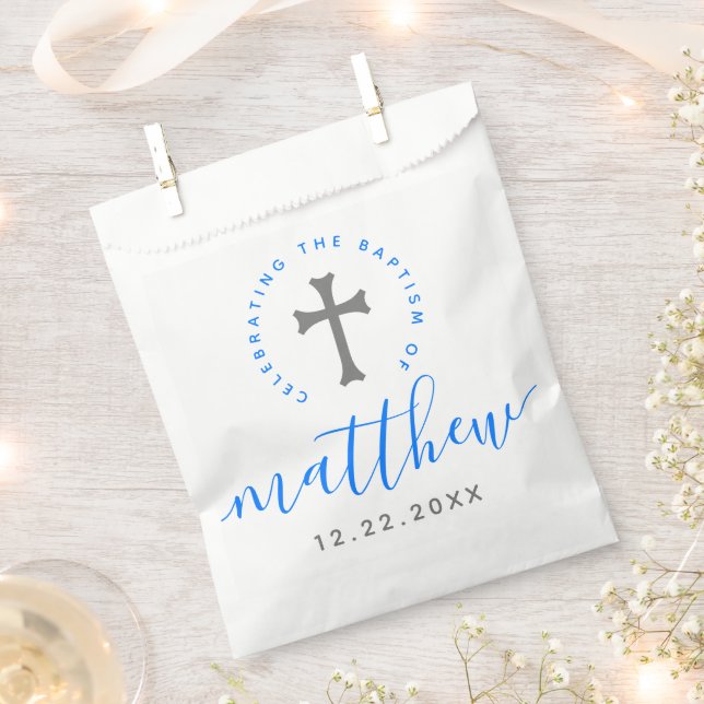 Blue Baptism Christening Naming Cross Favor Bag (Clipped)