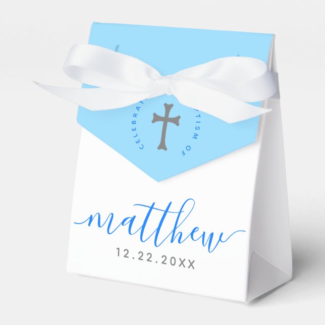 Blue Baptism Christening Naming Cross Favor Boxes (Front Side)