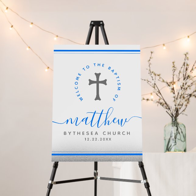 Blue Baptism Christening Naming Cross Glitter Foam Board (In Situ (Stand))