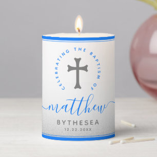 Blue Baptism Christening Naming Cross Glitter Pillar Candle