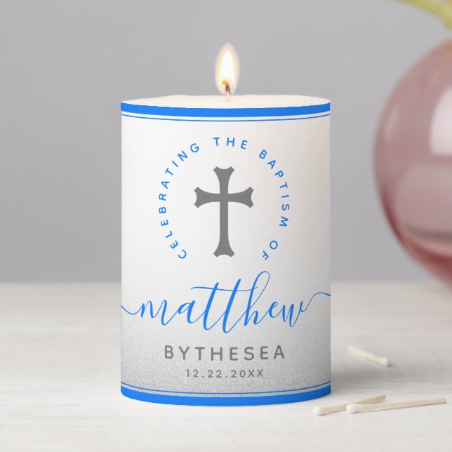 Blue Baptism Christening Naming Cross Glitter Pillar Candle (In Situ)