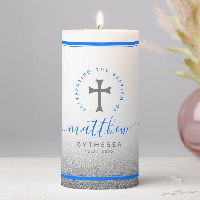 Blue Baptism Christening Naming Cross Glitter Pillar Candle (In Situ)