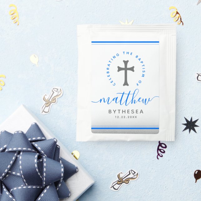 Blue Baptism Christening Naming Cross Glitter Tea Bag Drink Mix (Packets)