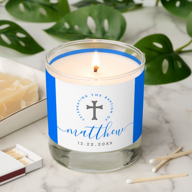 Blue Baptism Christening Naming Cross Scented Candle (Lit)
