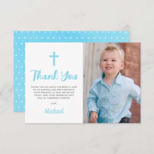 Blue Baptism Christening Religious Boy Photo Thank You Card