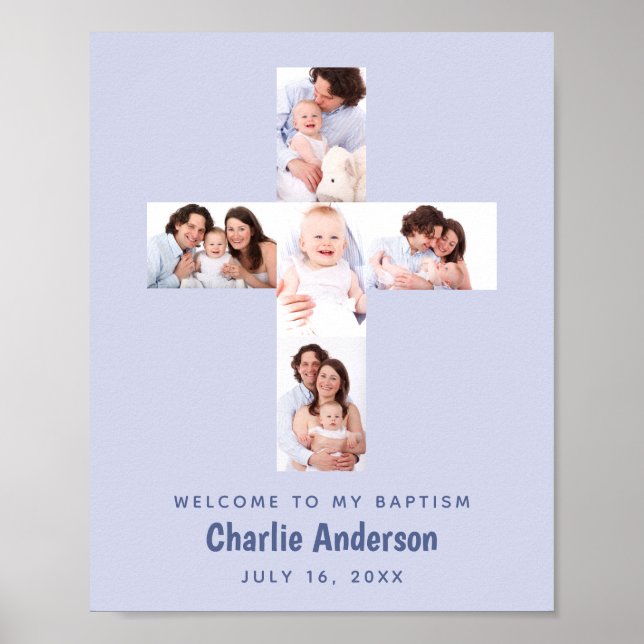 Blue Baptism Cross 5 Photo Collage Boy Christening Poster (Front)