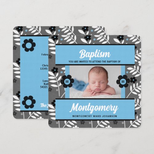 Baptism Photo Invitation for Baby Boy Monogrammed