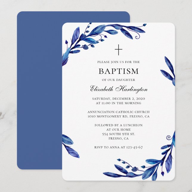 Blue baptism invitation. Watercolor botanical Invitation (Front/Back)