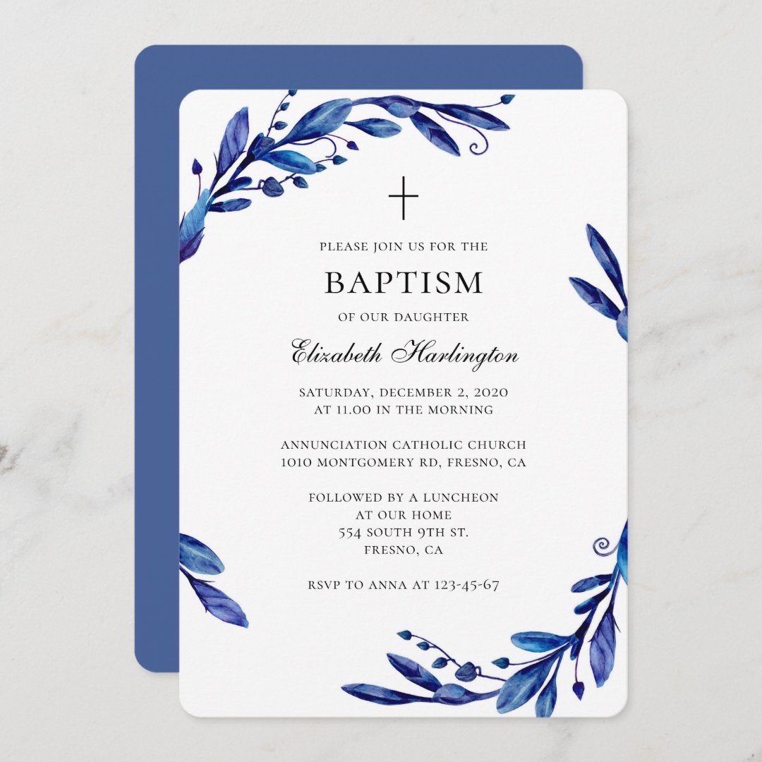 Blue baptism invitation. Watercolor botanical Invitation | Zazzle