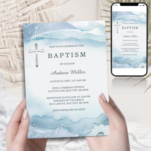 Blue Baptism Invitation with Cross | Printable