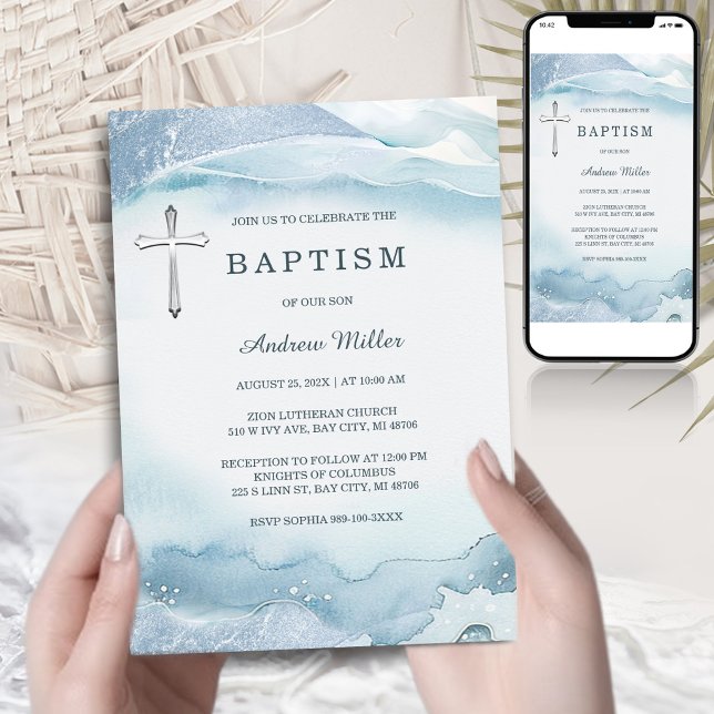 Blue Baptism Invitation with Cross | Printable (Creator Uploaded)