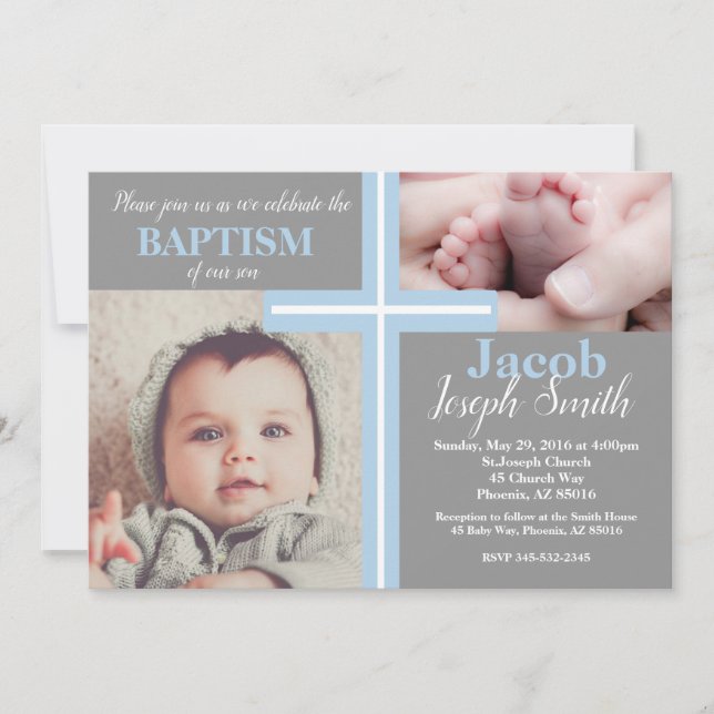 Blue Baptism Religious Grey Boy Baptize Cross Twin Invitation (Front)