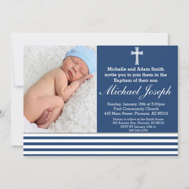 Blue Baptism Religious White Boy Baptize Cross Invitation (Front)