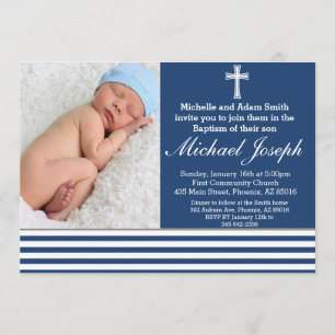 Blue Baptism Religious White Boy Baptize Cross Invitation