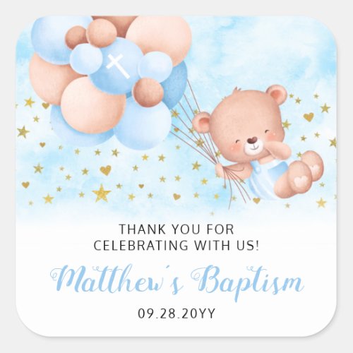 Blue Baptism Teddy Bear Thank You Baptism Favors S Square Sticker