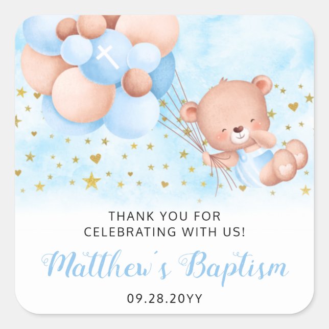 Blue Baptism Teddy Bear Thank You Baptism Favors S Square Sticker (Front)