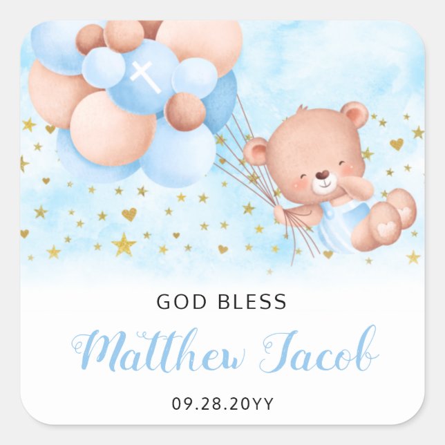 Blue Baptism Teddy Bear Thank You Baptism Favors Square Sticker (Front)