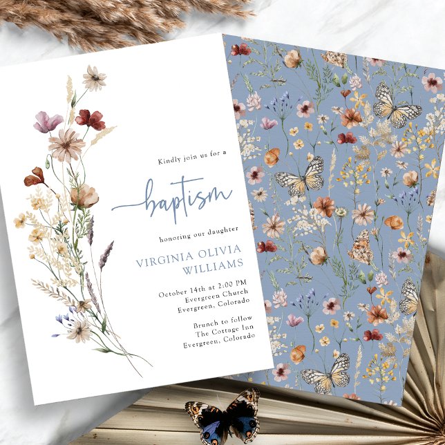 Blue Baptism Wildflowers Invitation (Dusty Blue Baptism Wildflowers Invitation by Painted Paperie
)