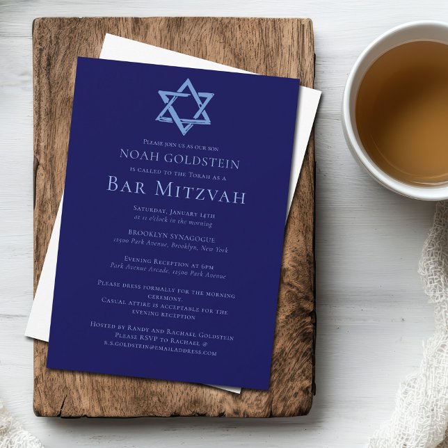 Blue Bar Mitzvah Artistic Star of David Party Invitation (Creator Uploaded)
