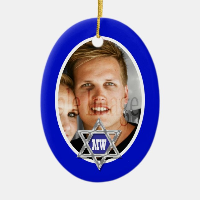 Blue bar mitzvah photo keepsake ceramic ornament (Front)