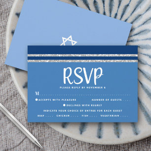 Blue Bar Mitzvah Silver Tallit Script Bold Modern RSVP Card