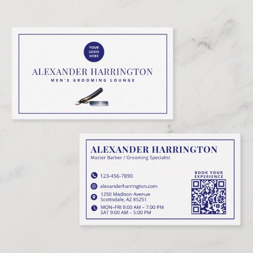 Blue Barber Razor Hair Stylist QR Code Business Card