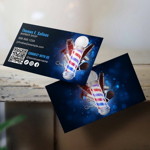 Blue Barber Shop Pole Connect with us QR Code Business Card