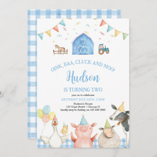 Blue Barn Farm Animals Barnyard Boy 2nd Birthday Invitation