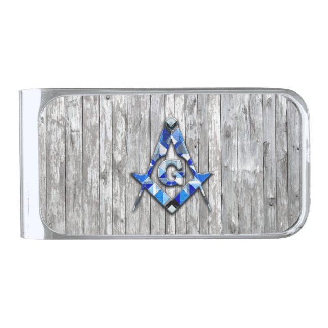 Blue Barn Quilt Square Compass Silver Finish Money Clip (Front)