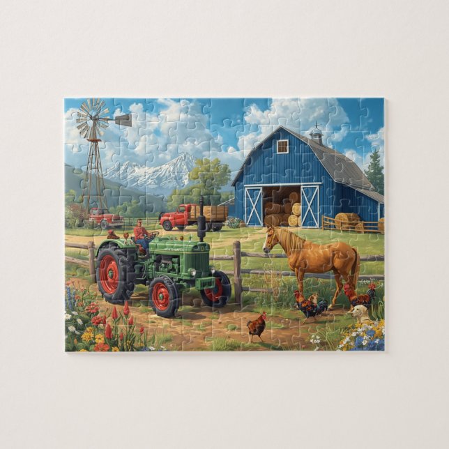 Blue Barn Tractor Horse Farm Mountain Scene Jigsaw Puzzle (Horizontal)