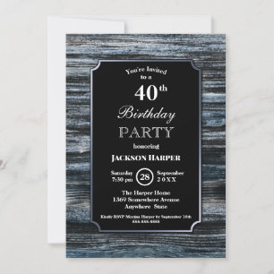 Blue Barn Wood Border Black 40th Birthday Invitation