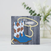 Blue Barn Wood Cowboy Baby Shower Invitation (Standing Front)