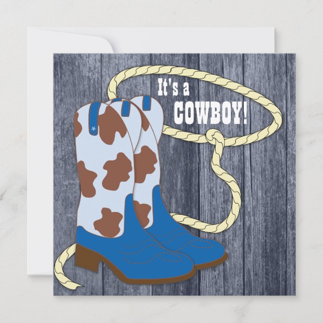 Blue Barn Wood Cowboy Baby Shower Invitation (Front)