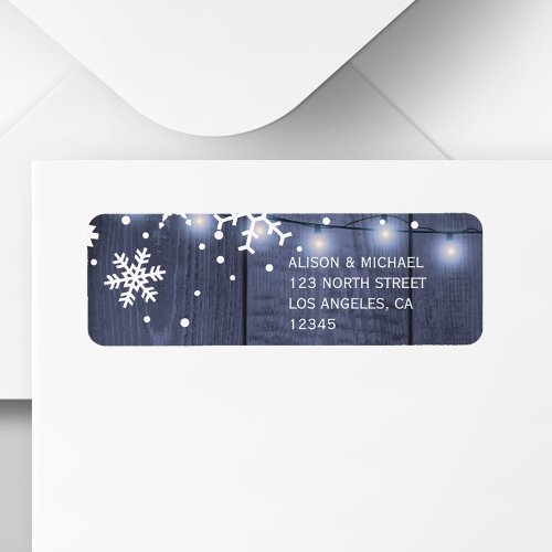 Blue barn wood snowflakes lights rustic wedding label