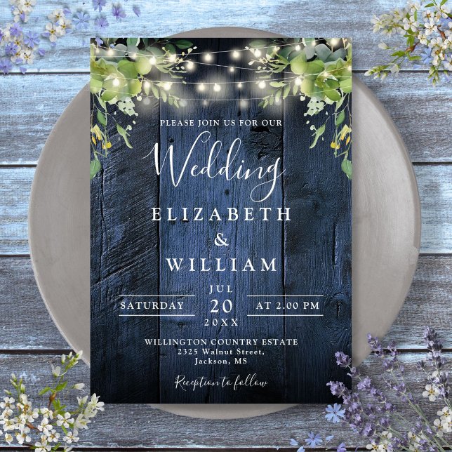 Blue Barn Wood String Lights Greenery Wedding Invitation (Blue Barn Wood String Lights Greenery Wedding Invitation)