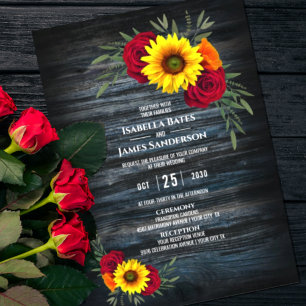 Blue Barn Wood Sunflower Burgundy Rose Wedding Invitation