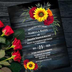 Blue Barn Wood Sunflower Burgundy Rose Wedding Invitation