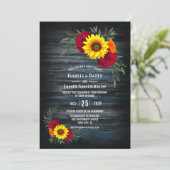 Blue Barn Wood Sunflower Burgundy Rose Wedding Invitation (Standing Front)
