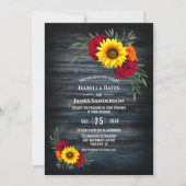 Blue Barn Wood Sunflower Burgundy Rose Wedding Invitation (Front)