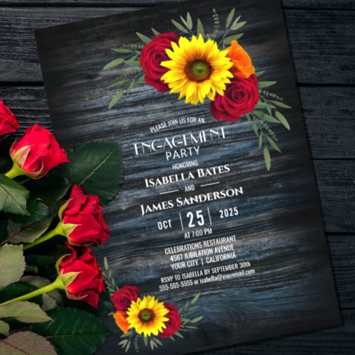 Blue Barn Wood Sunflower Rose Engagement Party Invitation