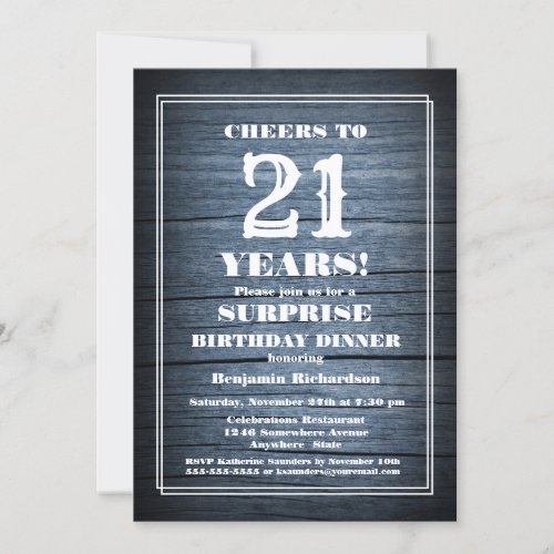 Blue Barn Wood Surprise 21st Birthday Dinner Party Invitation