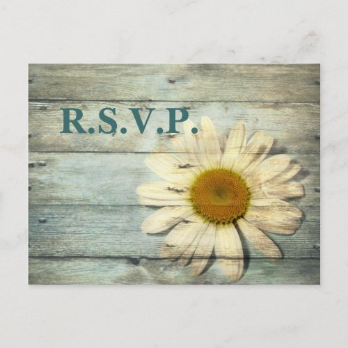 blue barnwood country daisy wedding response RSVP Invitation Postcard
