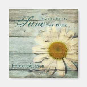 blue barnwood country daisy wedding save the date magnet