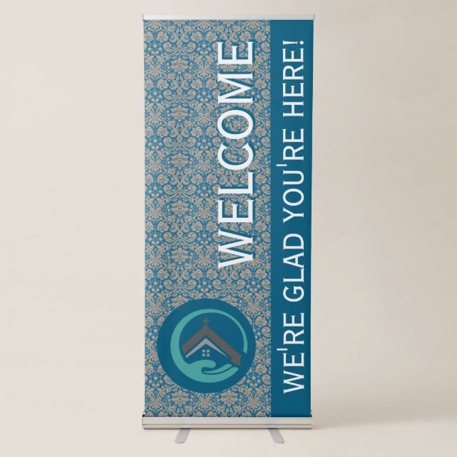 Blue Baroque Church Welcome Retractable Banner (Front)