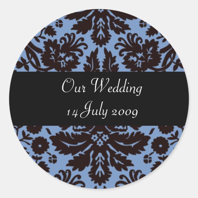 Blue baroque damask personalised stickers (Front)
